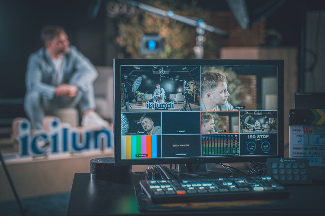 Video studio control room with cameras, monitors and cables