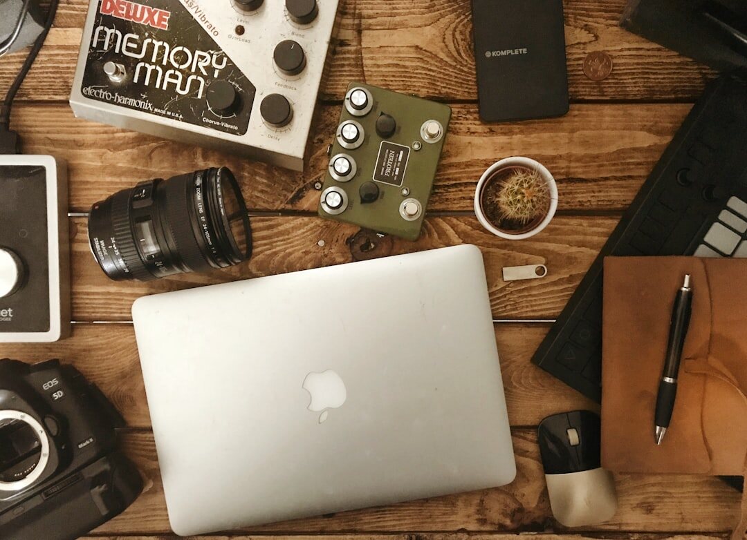 Flat lay of professional video production equipment and gear
